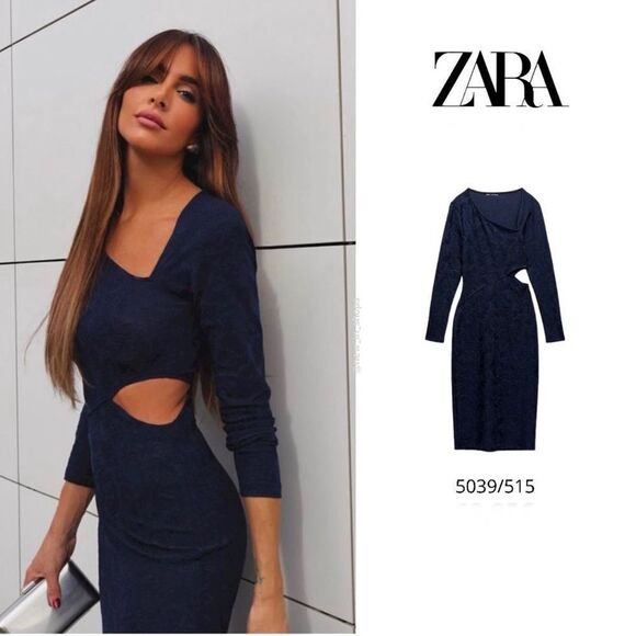 Zara Jacquard Cut Out Midi Dress Blue Large - Picture 1 of 14
